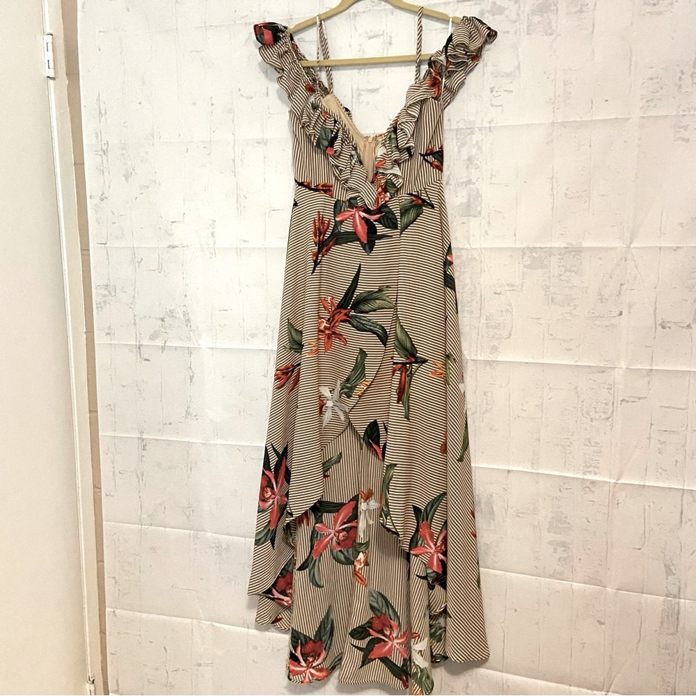 Banjul High Low Midi Dress with Ruffle and Plunging Neckline Size M